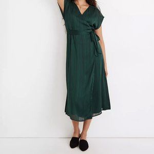 NWT Madewell Satin Stripe Wrap Midi Dress Smokey Spruce (green) XS